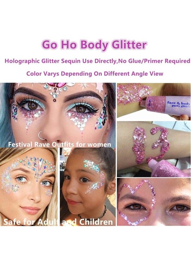 Pink and White Body Glitter Set,Singer Concerts Face Glitter Gel Makeup,Holographic Long Lasting Chunky Sequins Glitters for Eye Lip Hair Nails,Festival Rave Accessories,White&Pink Glitter
