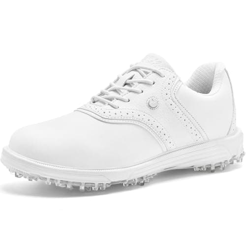 DARIBOM Mens Golf Shoes Traditions Fixed Nailless Sole Waterproof Spikeless Size 7.5-14(White,45)