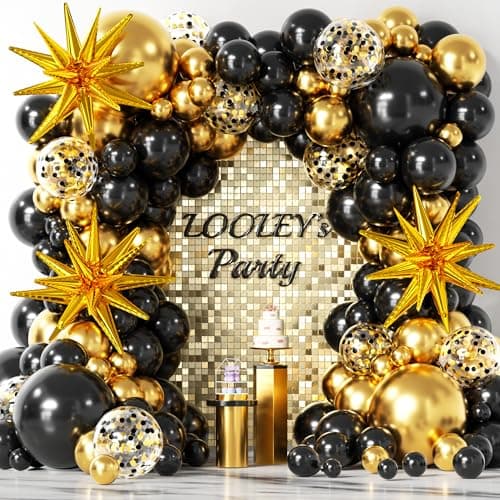 137Pcs Black and Gold Balloons Garland Arch Kit with Stars 5 10 12 18 inch Black Gold Confetti Latex Party Balloons for 2026 New Year Graduation Retirement Decorations Birthday