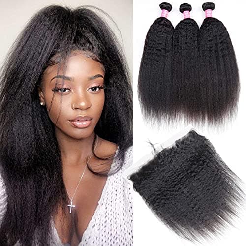 Odir Kinky Straight Bundles with 13x4 Frontal Brazilian Human Hair 26 28 30+20 Inch Unprocessed 9A Yaki Straight Virgin Hair 3 Bundles with Lace Closure Frontal Natural Color