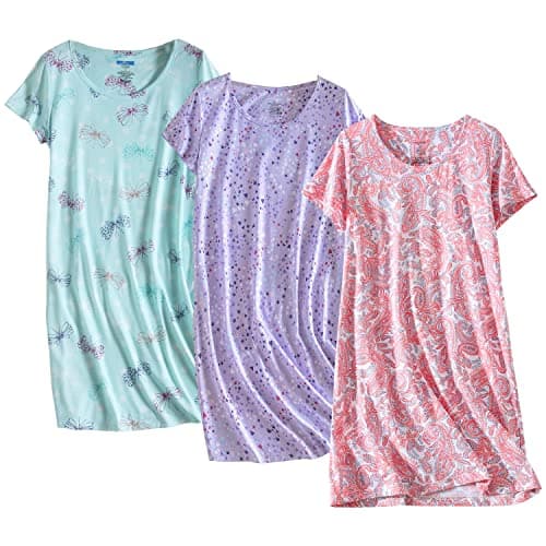 PNAEONG 3 Pack Women's Cotton Nightgown Sleepwear Short Sleeves Shirt Casual Print Sleepdress SY003-Fly+Purple+Paisley-S