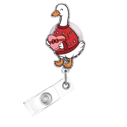 Valentines Badge Reel,Cute Goose Acrylic Badge for ID Card Badge,Funny Telescoping Retractable Badge Holder Alligator Clip Accessories with Heart Box Sweater Designs for Nurse,Medical Worker,Teacher