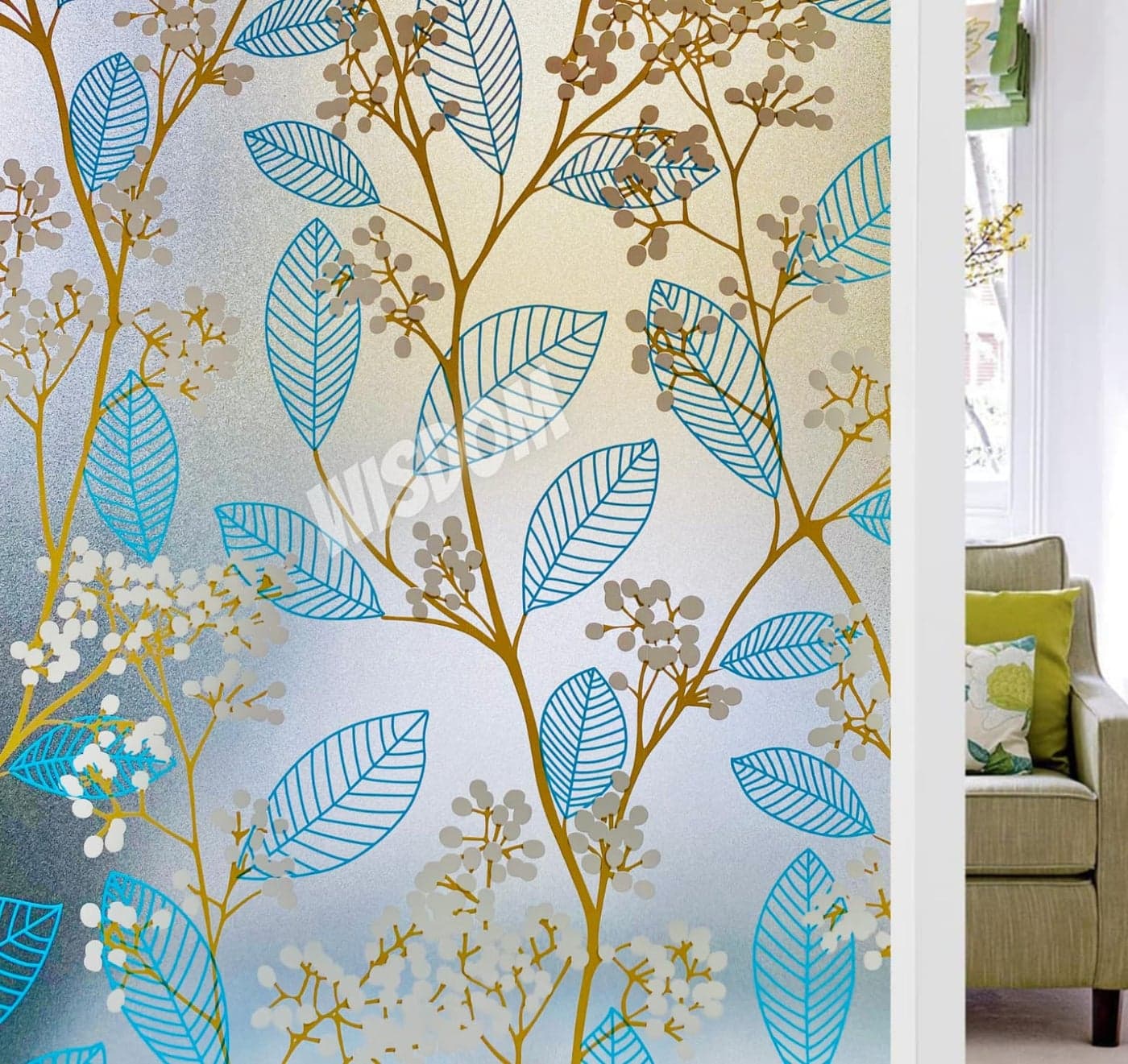 WISDOM Privacy Window Film Frosted Glass Film Glass Film No Glue Anti-UV Window Sticker Non Adhesive for Privacy Office Meeting Room Bathroom Living Room (Leaf Blue Flower, 24 x 82)