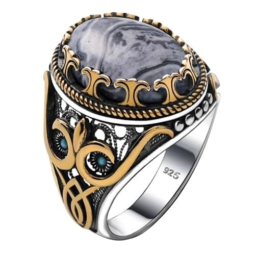 Natural Crazy Agate Stone, Genuine Solid 925 Sterling Silver Accented with Bronze, Authentic Vintage Turkish Ottoman Style Ring for Men (Natural Crazy Agate, 7)