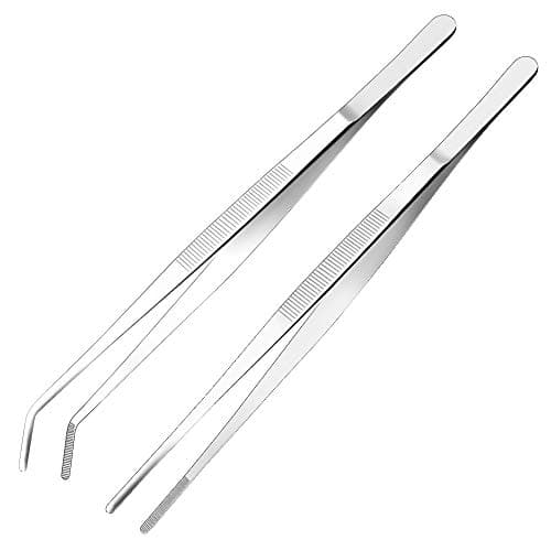 Cyimi Kitchen Tweezers Stainless Steel 12 Inch Long Tweezers Tongs, Heavy Duty large food tweezers with Precision Serrated Tips for Cooking(12" Straight+Curved)