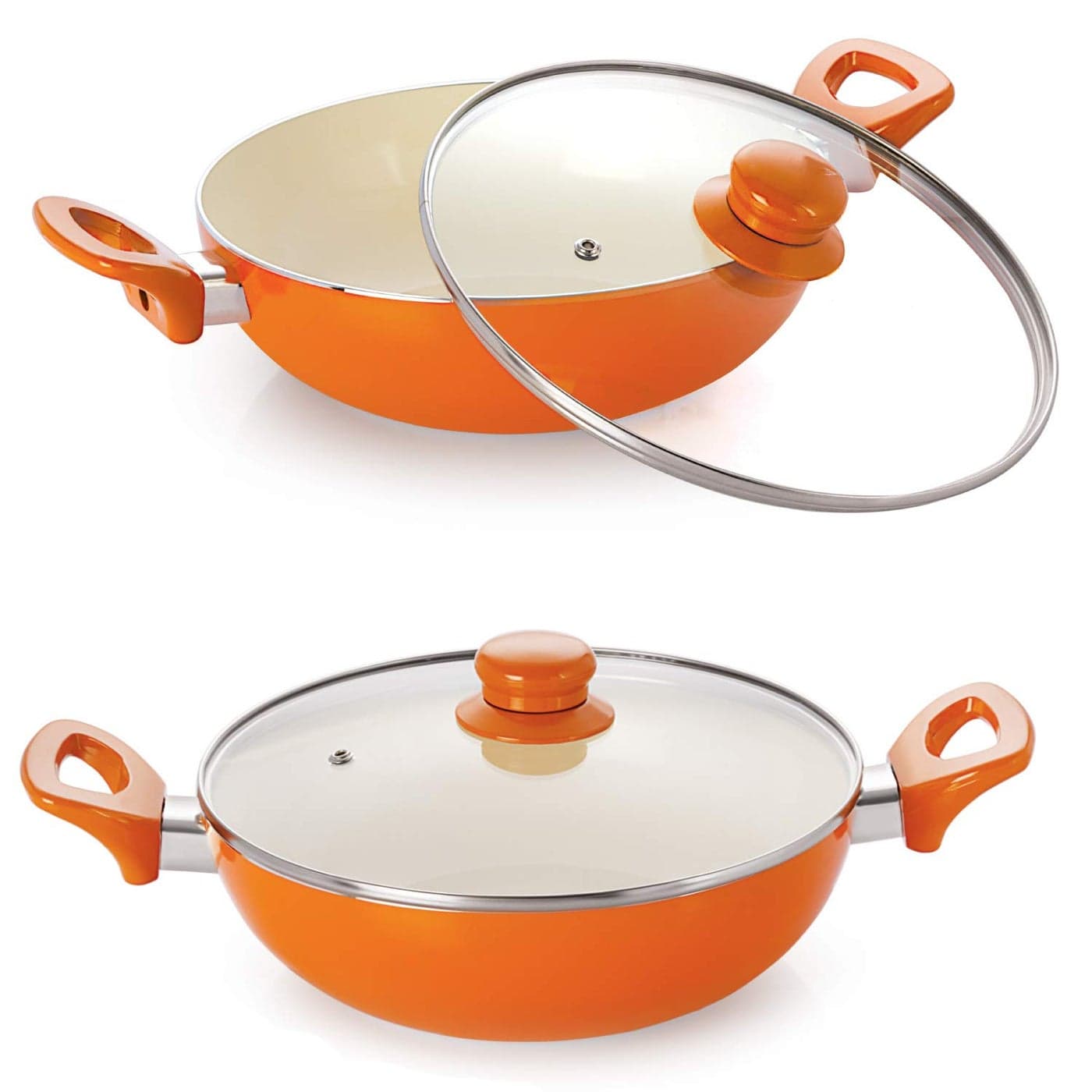 NIRLON New Aluminum Reinforced 4 Layer Ceramic Nonstick Induction 4 Pieces Combo Set Kadhai 22cm deep Kadai 26 cm BrownOrange Colour May Vary
