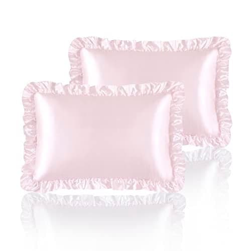 HommxJF Silky Satin Ruffled Pillow Cases for Hair and Skin,Blush Pink Silky Pillowcases Queen Set of 2 with Envelope Closure Princess Room Decoration
