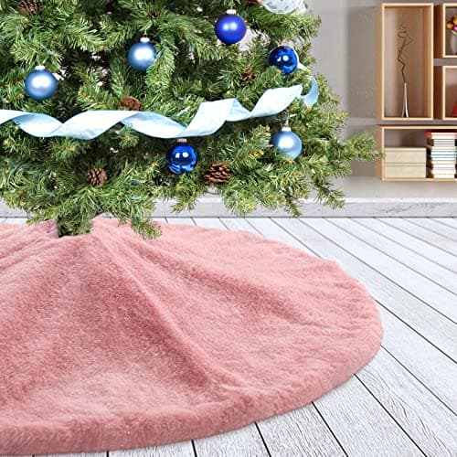 Amidaky Christmas Tree Skirt 48 inch Pink Faux Fur Soft Fluffy Ornaments Xmas Tree Skirts for Xmas Tree Ornaments and Party Holiday Decorations