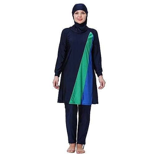Plus Size Swimsuit Women Muslim Full Coverage Modest Swimwear Islamic Burkini Swimsuit Rash Guard Top Dress Pants Cap 3PCS Surfing Bathing Suits Wetsuit UV Protection Navy Blue Color Block g 6XL