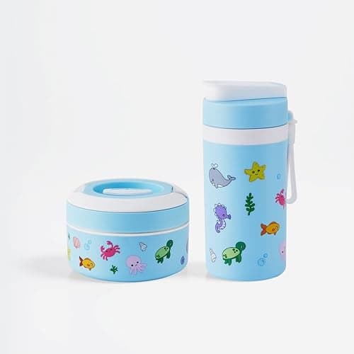 Pinnacle Prime Insulated Tiffin Box & Pixel Insulated Water Bottle Combo for Kids (400ml Each)| Dual Compartment Lunch Box & Stainless Steel Inner Bottle |Ideal for School,Picnic & Gift (Bubble Blue)