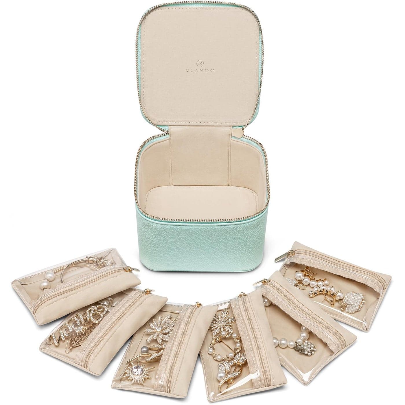 Vlando Travel Jewelry Box for Women Faux Leather Jewelry Box with 6 Velvet Jewelry Zipper Pockets Earrings Necklace Rings Storage Boxes Christmas Gift for Mom Wife(Lake Blue)