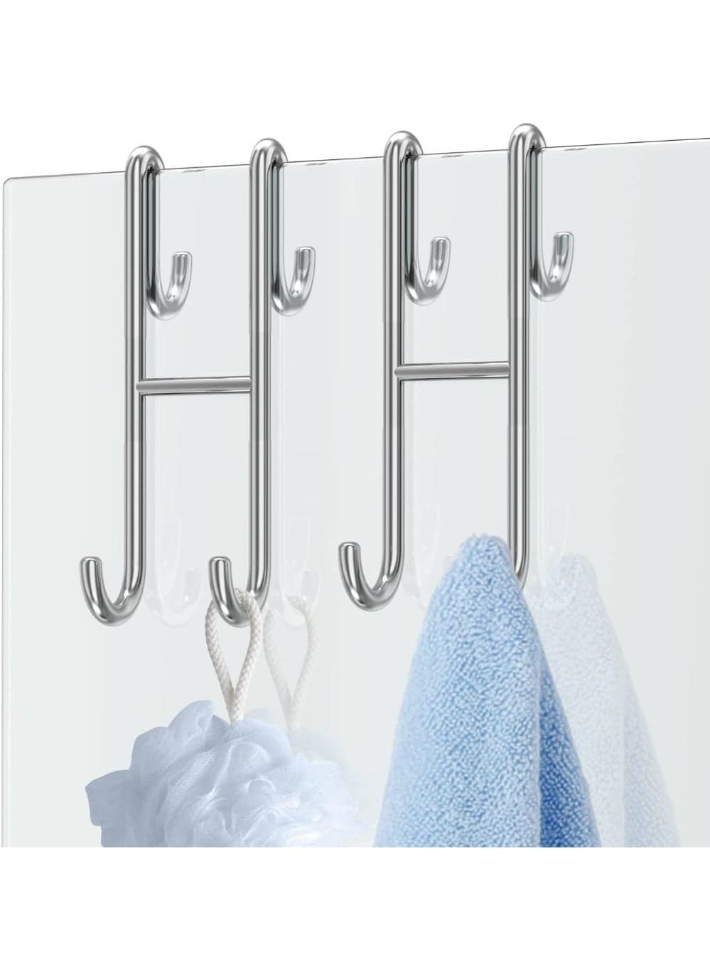 Shower Door Hook 2 Pack, Double Sided Towel Hooks Over Bathroom Frameless Glass Shower Door, Drilling-Free Stainless Steel Bathroom Hanger for Bathroom, Dining Room and Kitchen-Sliver