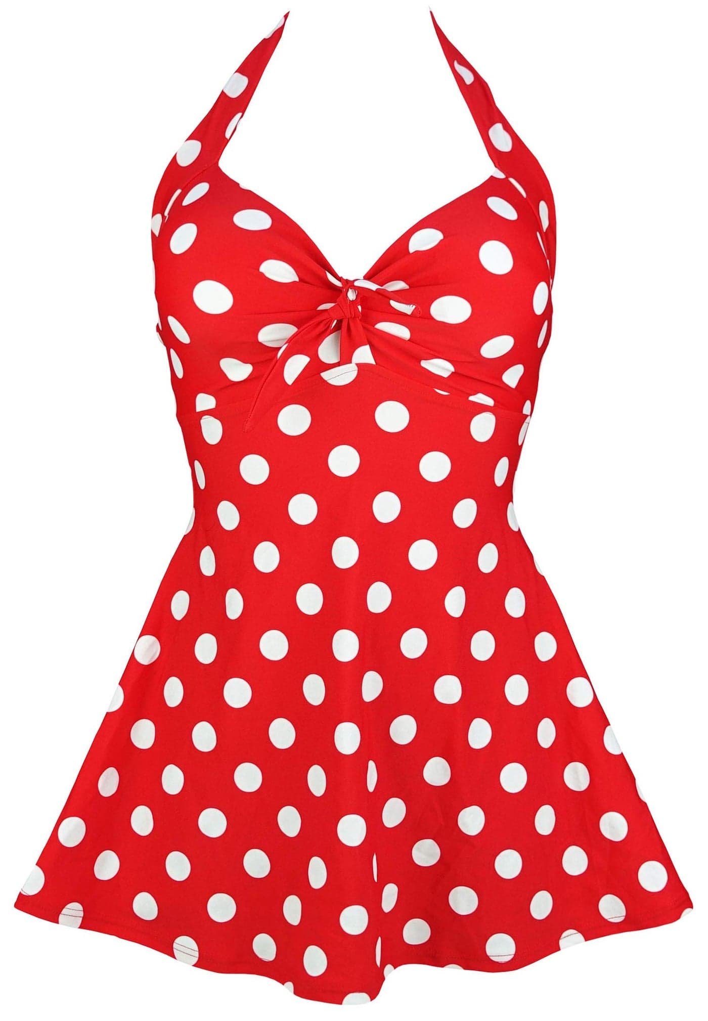 COCOSHIP Red White Big Polka Dots Retro Sailor Pin Up Swimsuit One Piece Skirtini Cover Up Bath Swimdress Swimwear XXL