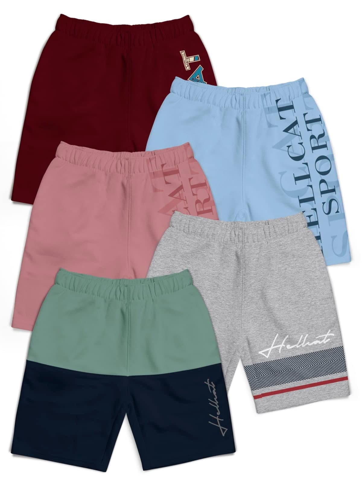 HELLCAT Pack of 5 Trendy Typographic Printed Mid Rise Shorts for Boys - Sea Green/Grey Melange/Pink/Sky Blue /Burgundy_3-4 Years
