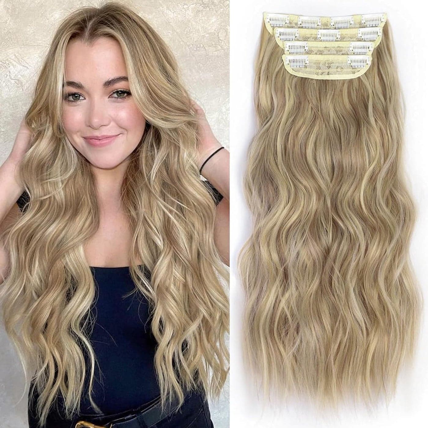 ALXNAN Clip In Hair ExtensionsDirty Blonde Long Wavy Hair Extensions 20 Inch 4PCS Thick Hairpieces for Women