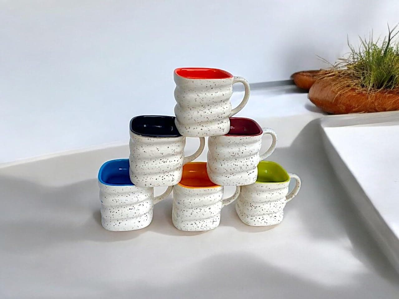 Speckled Ceramic Coffee Mugs with Colorful Interior, Wave Design, Set of 6