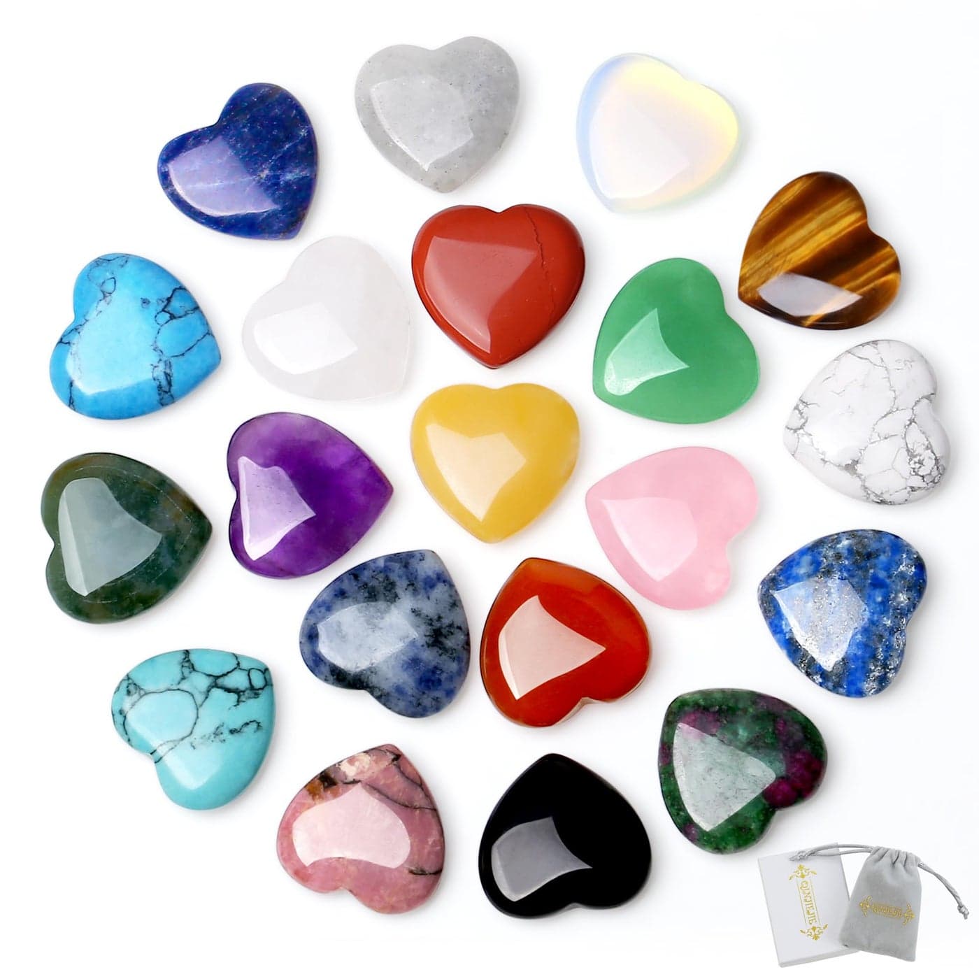 20PCS Crystals and Healing Gemstones Gem Stones Heart Crystal QINJIEJIE Natural Rose Quartz Pocket Amethyst Hearts Palm Stone Polished Crystal Set Bulk Balancing Chakra Reiki Love Gifts for Women 08