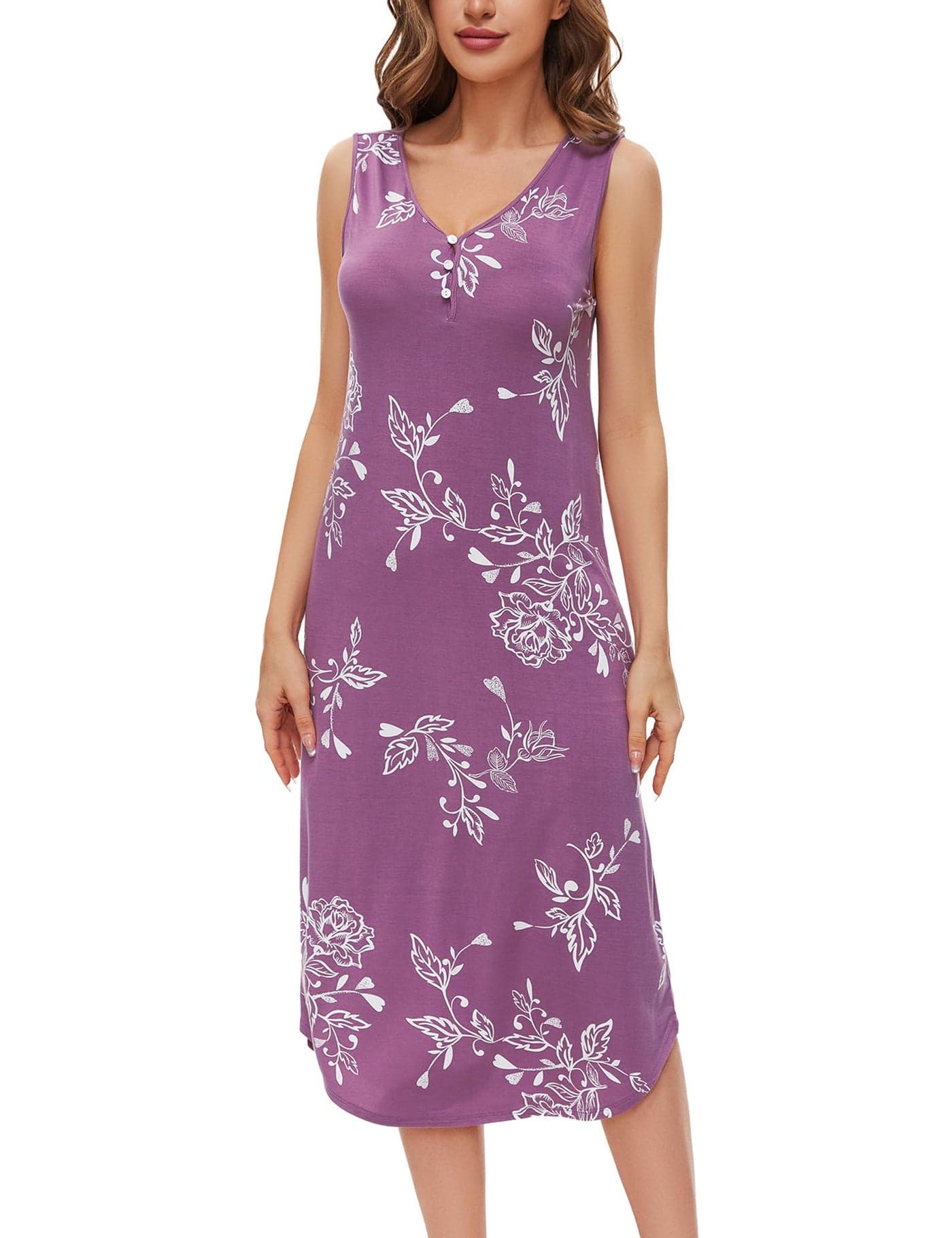LazyCozy BambooDerived Viscose Nightgowns for Women Sleeveless Night Shirt VNeck Sleepwear Soft Night Dress Purple Floral XLarge