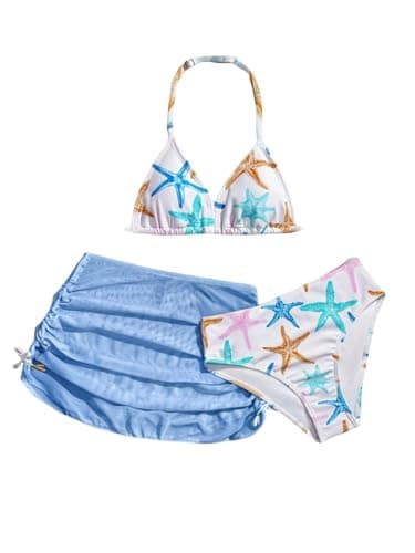 RoseSeek Girl's 3 Piece Cute Bowknot Bathing Suit Halter Triangle High Waisted Swimsuit with Beach Cover Up Skirt Multicolor Blue 12 Years