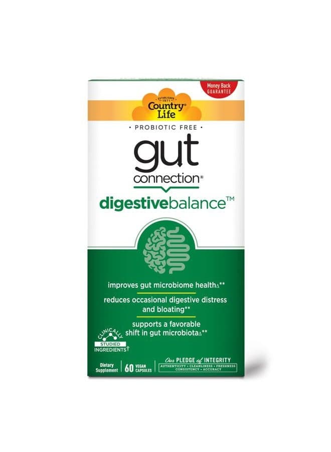 Gut Connection Digestive Balance – Prebiotic & Digestive Enzyme Supplement for Gut Health, Bloating Relief, and Improved Bowel Movements – Gluten-Free, Vegan, Non-GMO, 60 Capsules