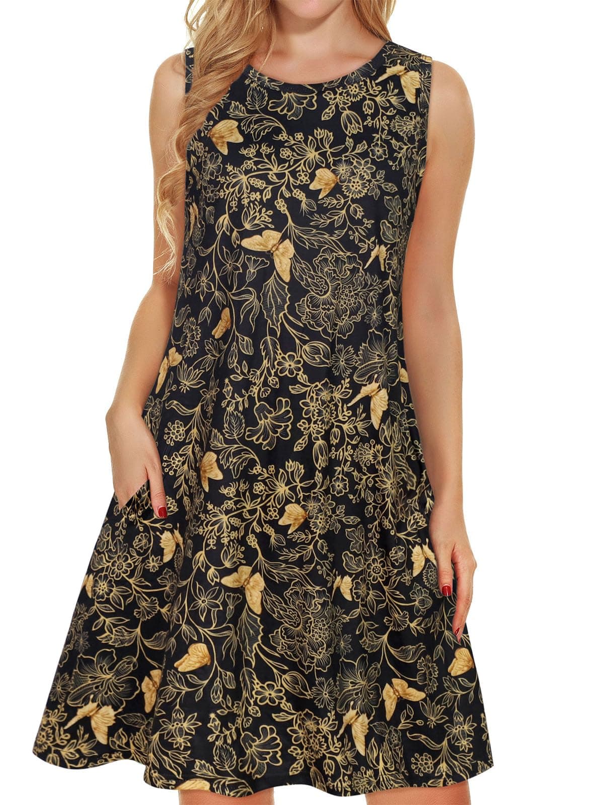 elescat Black Dresses for Women Casual Summer Sleeveless Tank Scoop Neck Loose Cotton Sundress with Pockets(Black Golden Butterflies, L)