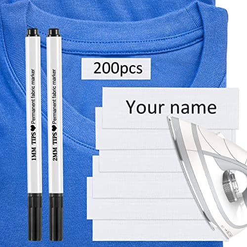 Tatuo 200 Pieces Writable Iron on Name Tags for Clothing, Personalized Name Fabric Labels Tags with 2 Pcs Permanent Marker for Nursing Home College Camp Day Care Uniforms