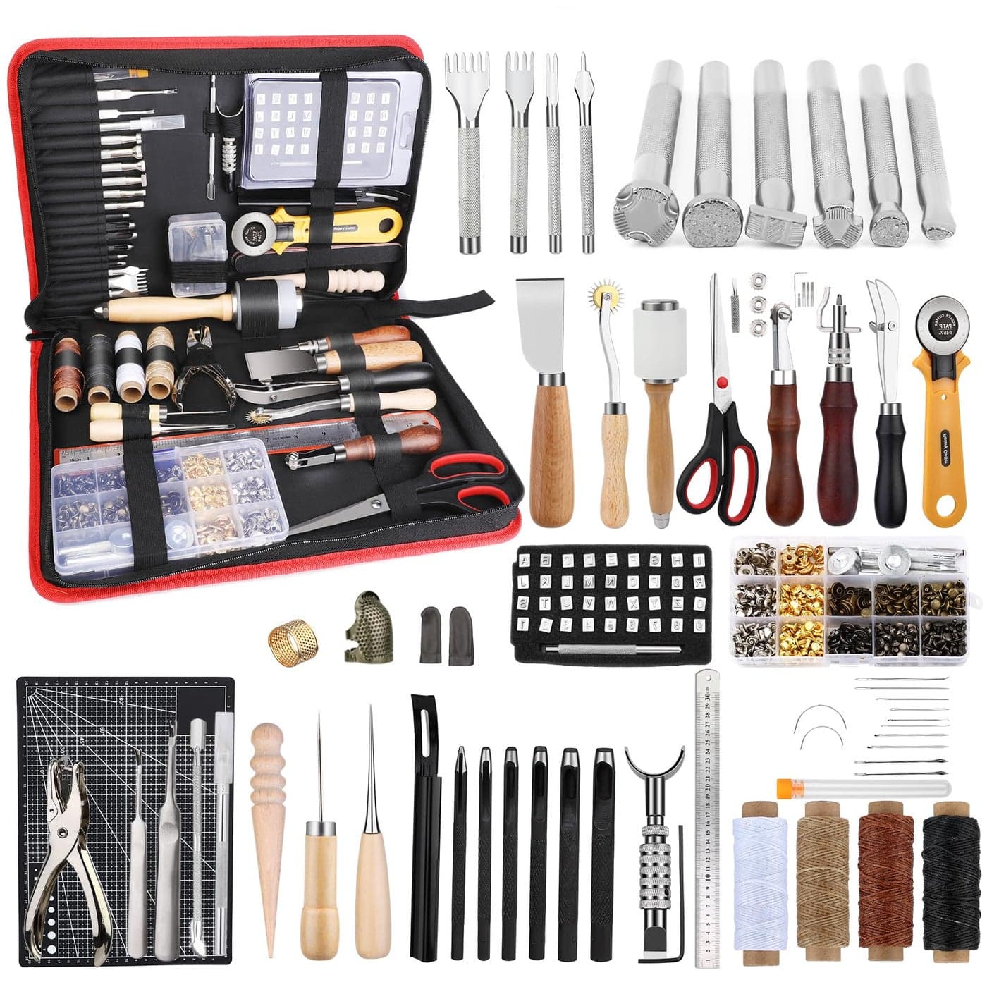 TLKKUE Leather Working Kit Beginners Leather Crafting Tool with Storage Bag Leatherworking Tooling Kit for Sewing Carving Punching Cutting Stamping Tools
