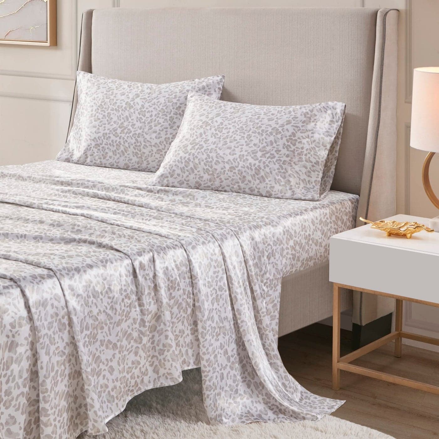 Madison Park Essentials Satin Sheet Set Luxury and Silky with Natural Sheen Elastic 14 Pocket fits up to 16 Mattress All Around Elastic YearRound Bedding Queen Taupe Leopard 4 Piece