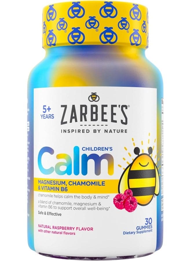 Zarbee's Children's Calm Gummy, Supports a Calm Mind & Body for Kids Ages 5+, Made with Magnesium, Chamomile & Vitamin B6, Natural Raspberry Flavor, 30 Gummies