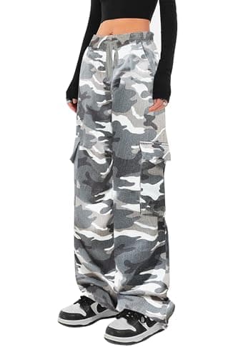 SESERAGI Cargo Pants Women Baggy Streetwear Y2K Drawstring Trousers Wide Leg Pants Light Grey XL