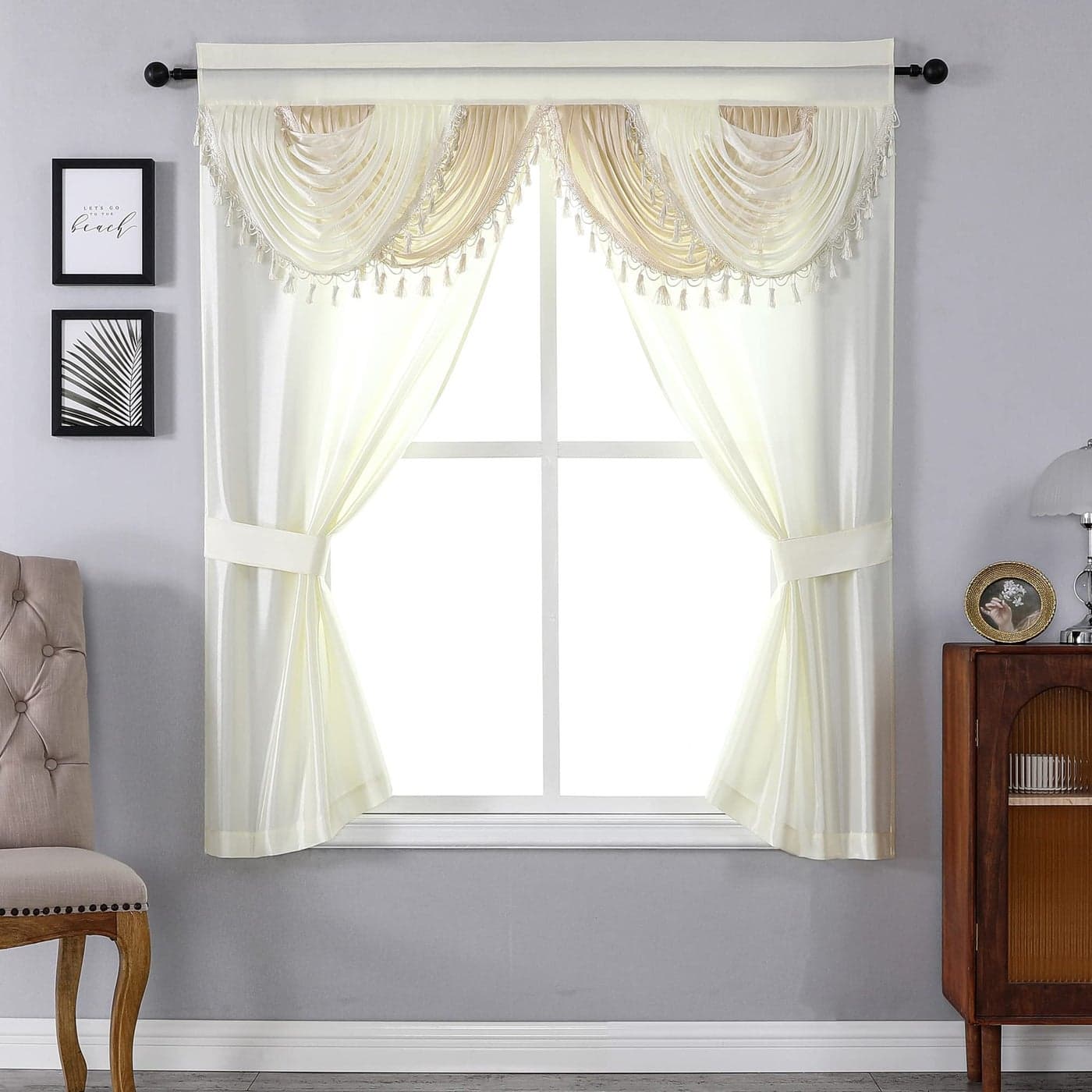 Regal Home Collections Amore Curtains 5Piece Window Curtain Set 54Inch W x63Inch L Panels with Attached Valance and 2 Tiebacks Bedroom Curtains and Living Room Curtains Beige
