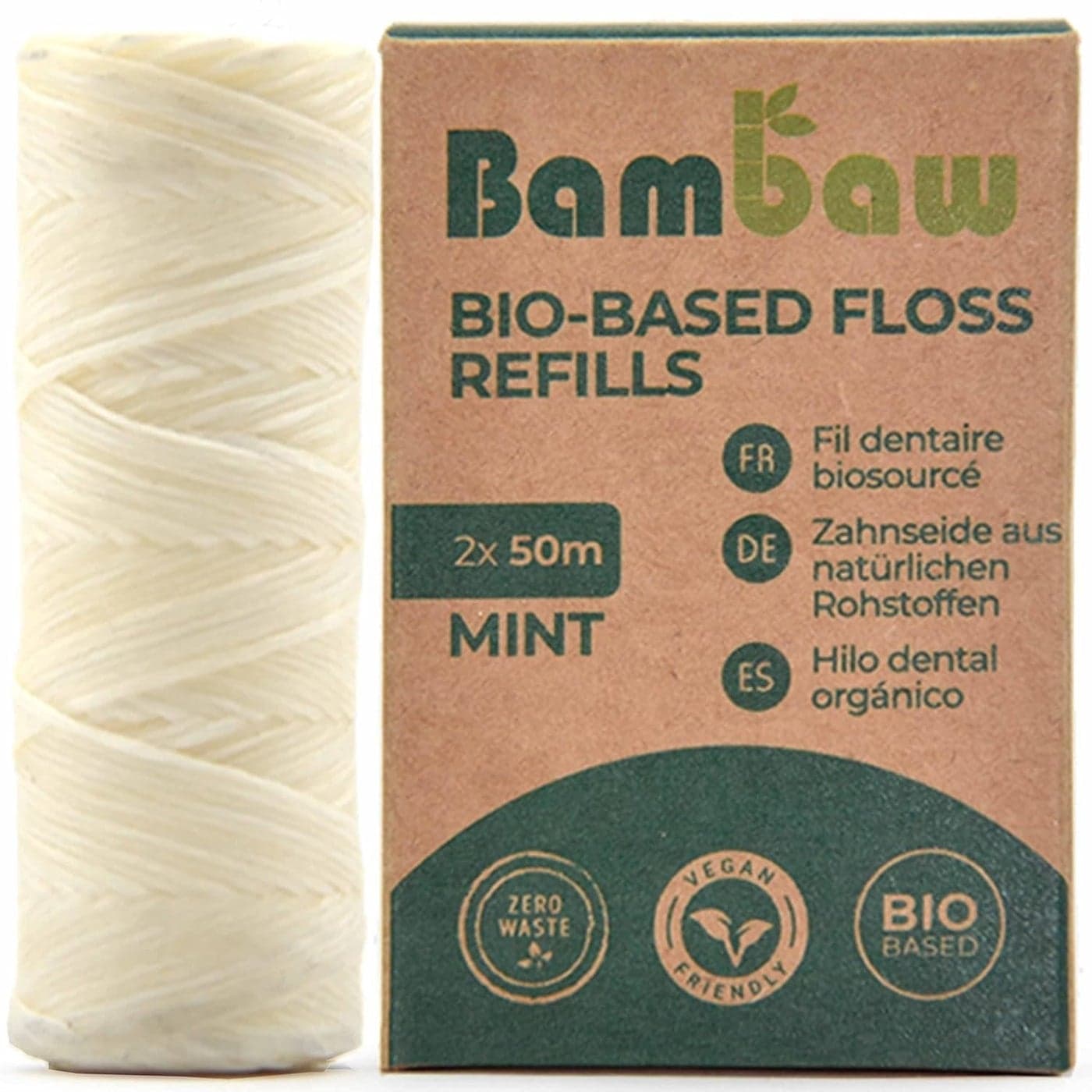 Vegan Refill Dental Floss Refillable Tooth Floss Candelilla Wax Plastic Free Dental Tape Zero Waste Floss Eco Floss Mint 2 x 55 Yards Bambaw