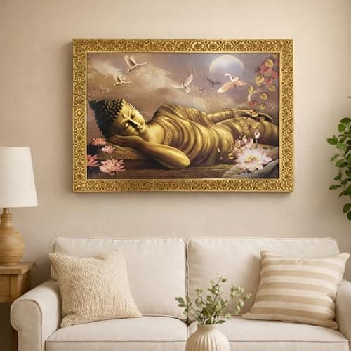 LIFEHAXTORE® Buddha Art Framed Painting for Luck, Prosperity | Ready to Hang (Wooden Frame, 12inch x 18 inch, Golden)