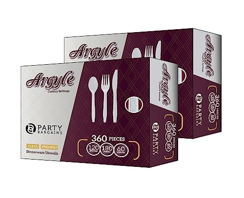 Party Bargains White Plastic Cutlery 720 pcs 360 Forks 240 Spoons 120 Knives Argyle Design Heavy Duty Solid Disposable Silverware Utensils Combo Pack Set for Weddings Buffets Luncheons