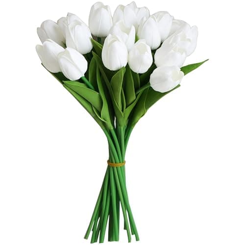 FUNZON 20 PCS Tulips Artificial Flowers Real Touch Fake Flowers White Artificial Tulips That Look Real Wedding Decorations Mothers Day Easter Gifts 20 White