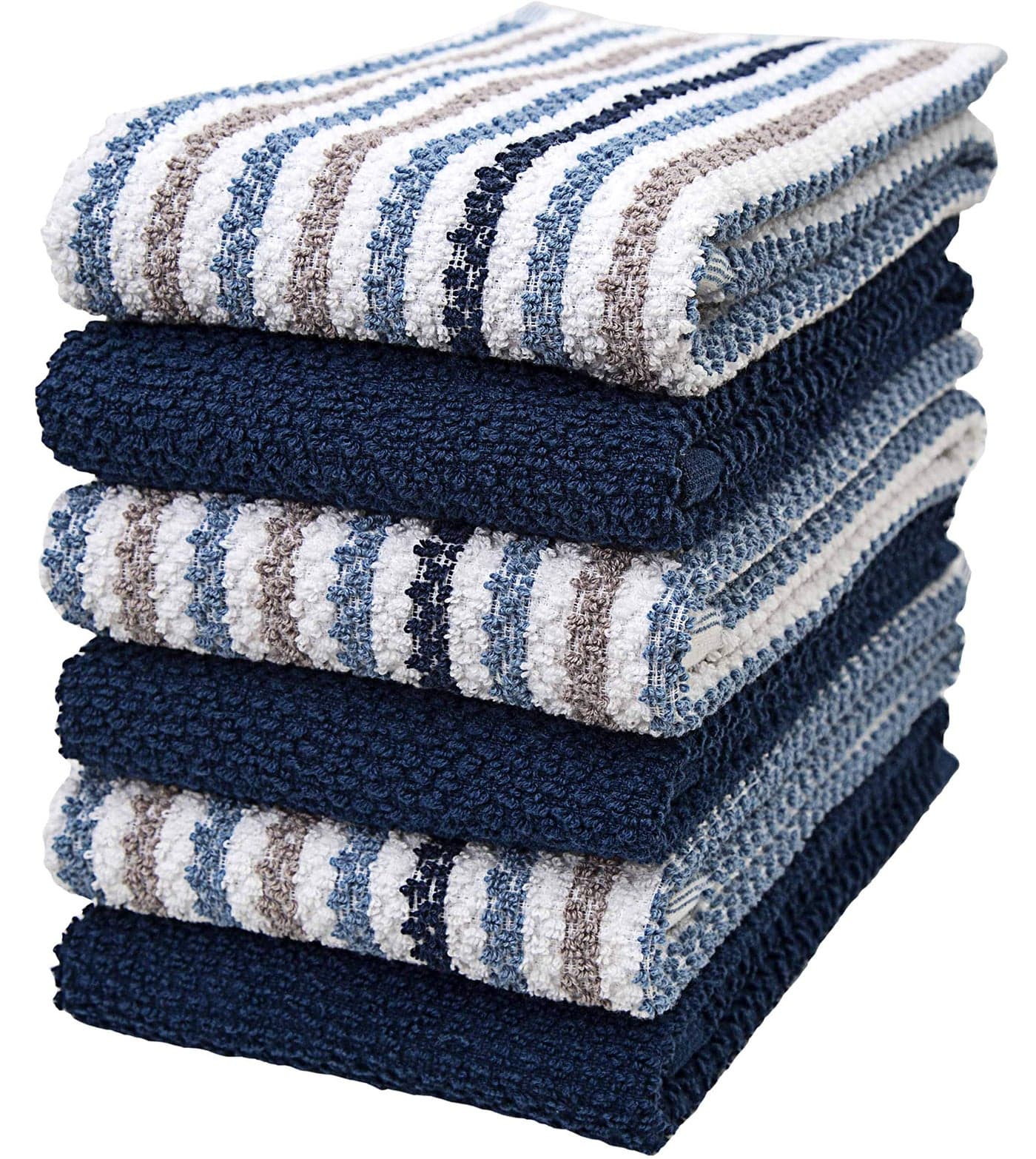 Premium Kitchen Towels 16x 26 6 Pack Large Cotton Kitchen Hand Towels Popcorn Striped Design Dish Towels 430 GSM Highly Absorbent Tea Towels Set with Hanging Loop Blue