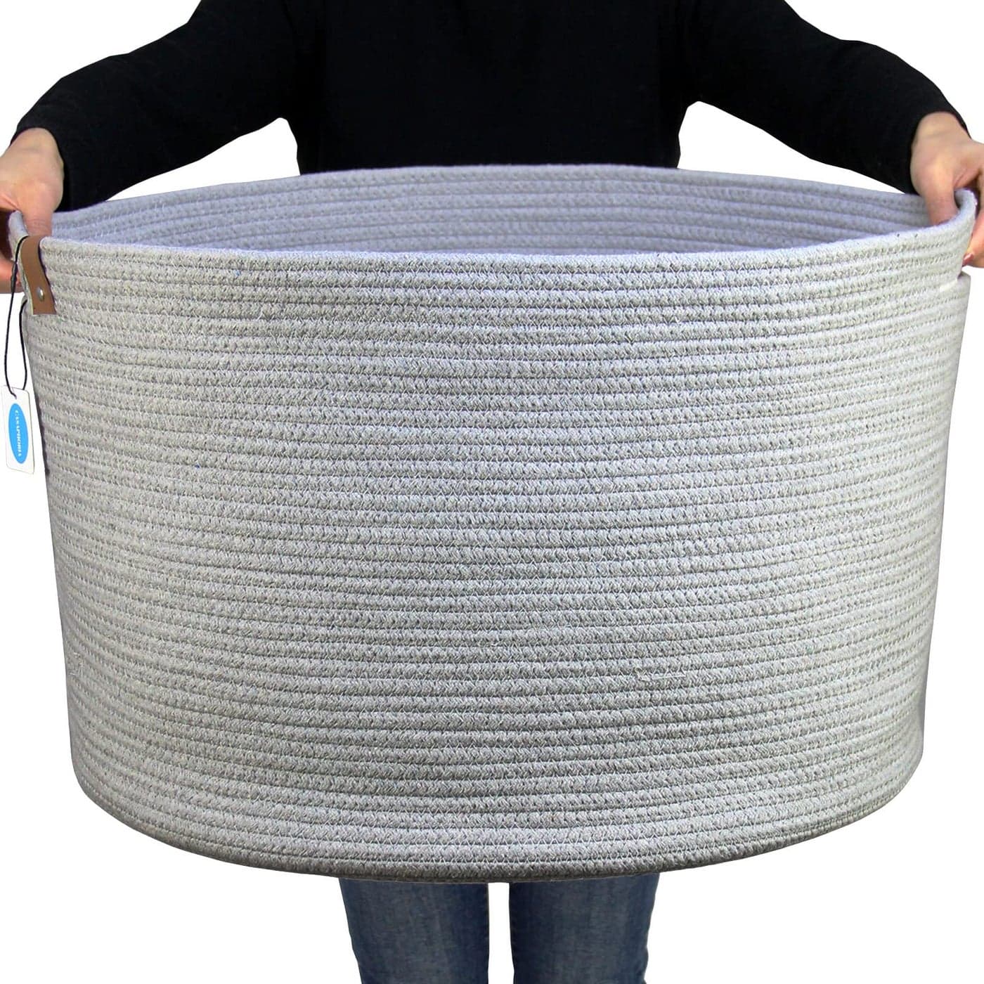 Casaphoria XXXLarge Cotton Rope Basket for Living Room Woven Storage Basket with Handle for Blankets Towels and Pillows Laundry Hamper Dark Grey 21 x 21 x 138