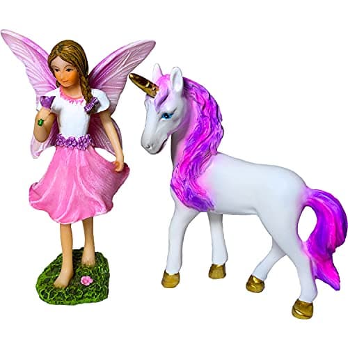 Mood Lab Fairy Garden Fairy with Unicorn Set of 2 pcs Miniature Figurines Statue Kit Outdoor or House Decor