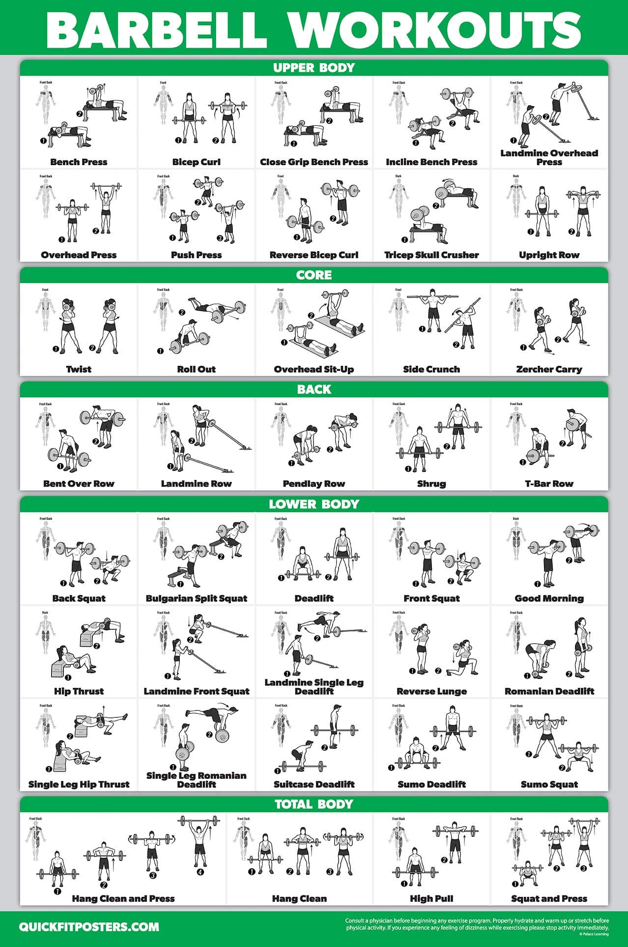 Palace Learning QUICKFIT Barbell Workout Exercise Poster - (Laminated, 18" x 24")