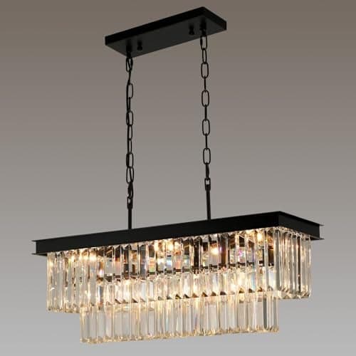 Weesalife Black Crystal Chandeliers for Dining Room Light Fixtures Over Table,9-Lights Modern Rectangle Chandeliers for Kitchen Island Bar L28 Inch