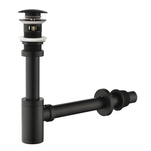 GORDEE Bathroom Sink Stopper P-Trap Complete Set Adjustable Bottle Trap Solid Brass Sink Drain Kit Tube and Pop Up Drain Stopper Set with Overflow, Matte Black