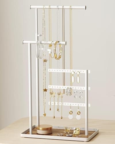 susswiff Jewelry Holder Organizer Stand - Adjustable Tall 17.5" (Max), Sturdy Jewelry Hanger for Necklaces, Earrings, Bracelets, Rings, Jewlery Display and Storage, White, Metal