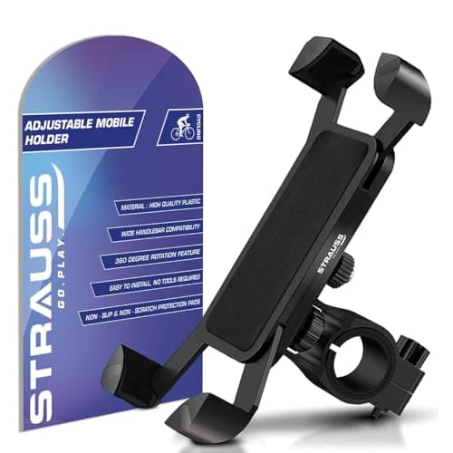 STRAUSS Bike Mobile Holder - 360° Rotation | Anti-Shake Cradle Clamp | Compatible with Smartphones | Bike Phone Mount for GPS & Maps (Black)
