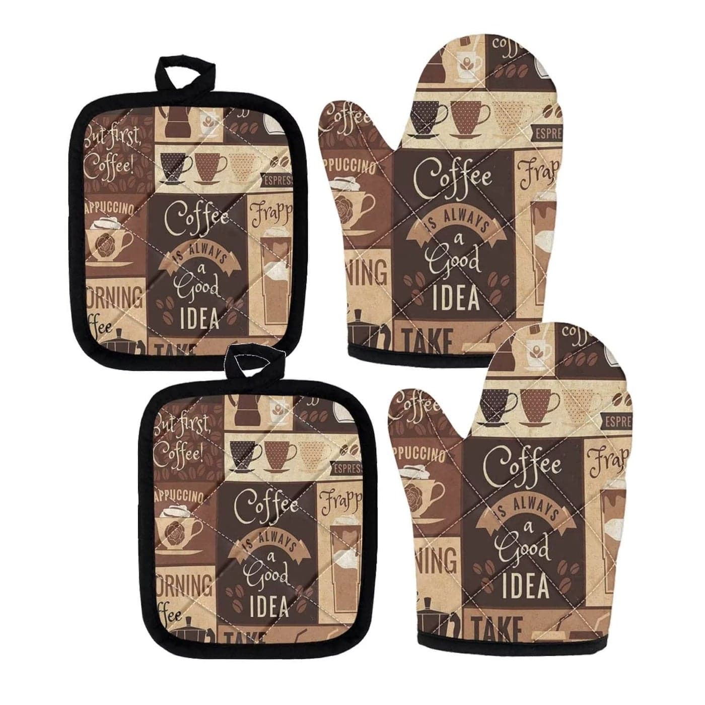 UNICEU Coffee is Always a Good Idea Oven Mitts Non Slip Heat Resistant Kitchen Gloves and Pot Holders 4 Pcs for Baking Cooking Grilling BBQ