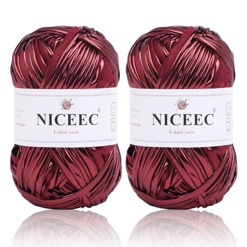 NICEEC 2 Skeins Metal T-Shirt Yarn, Bright, Glossy, Crochet & Knitting, Fabric Cloth Yarn with Single-Side Color, Handmade DIY Craft Bag Basket Cushion-Totle Length 2×32yds(2×3.5oz) - Wine Red