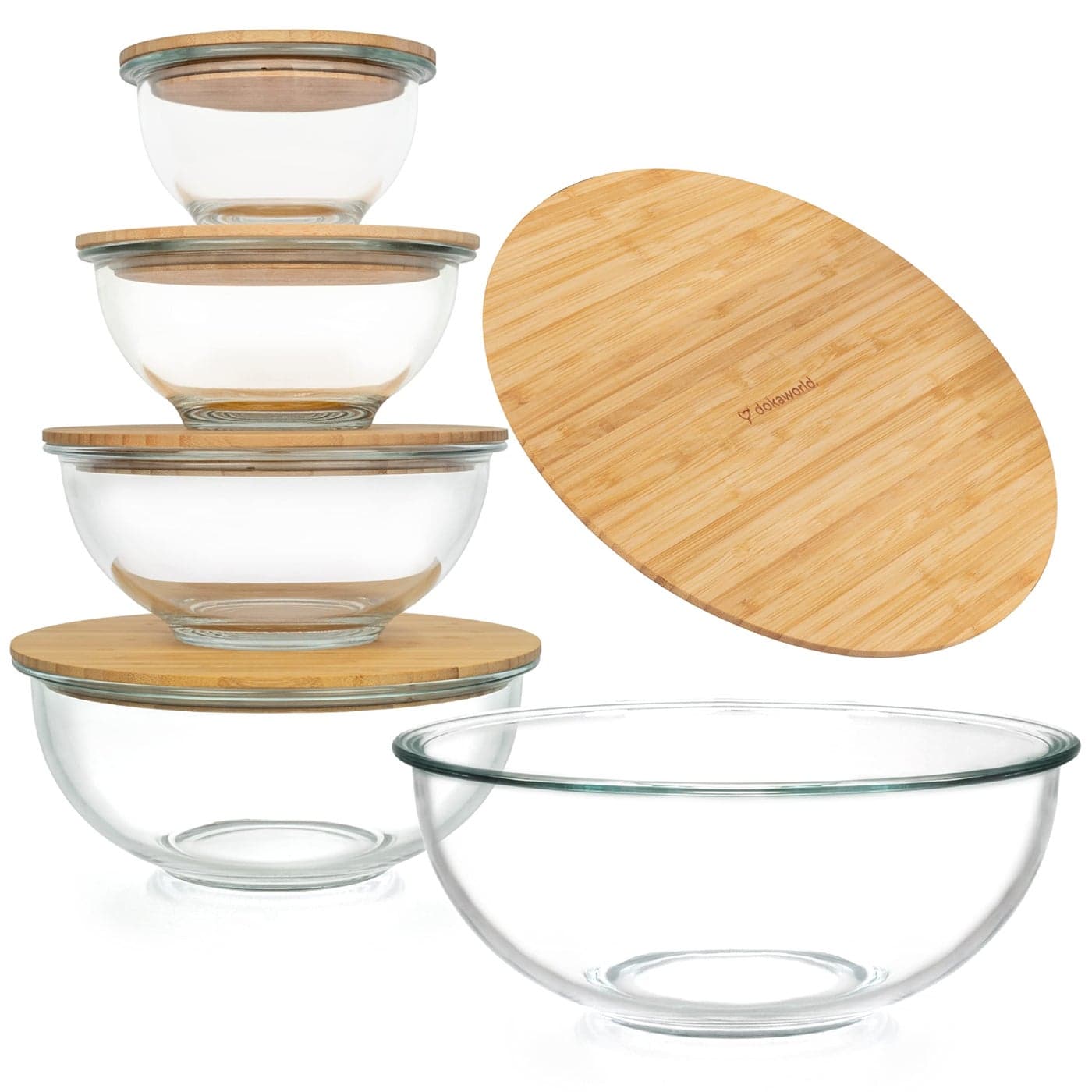 dokaworld Stackable SpaceSaving Set of 5 Nesting Glass Bowls with Bamboo Lids for Foodprep Storage Baking Mixing Cooking Microwave Oven Safe BPA Free Heat Resistant Inert Borosilicate Glass
