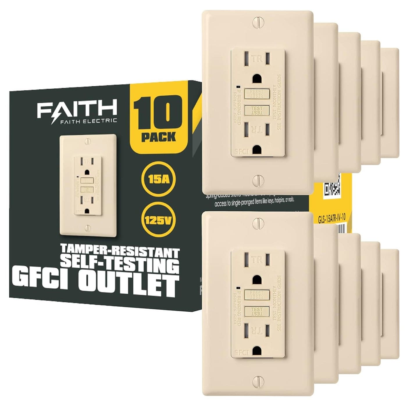 Faith 15A GFCI Outlet ETL Listed TamperResistant GFI Duplex Receptacles with LED Indicator SelfTest Ground Fault Circuit Interrupter with Wall Plate 10Pack Ivory