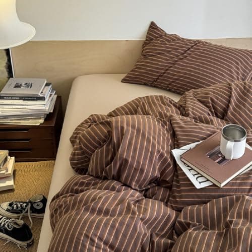 Erwinmu Duvet Cover Set King Size Brown Striped Bedding Set for Girls Boys,Modern Back to School Duvet Cover Kids with Zipper Closure and 2 Pillowcases