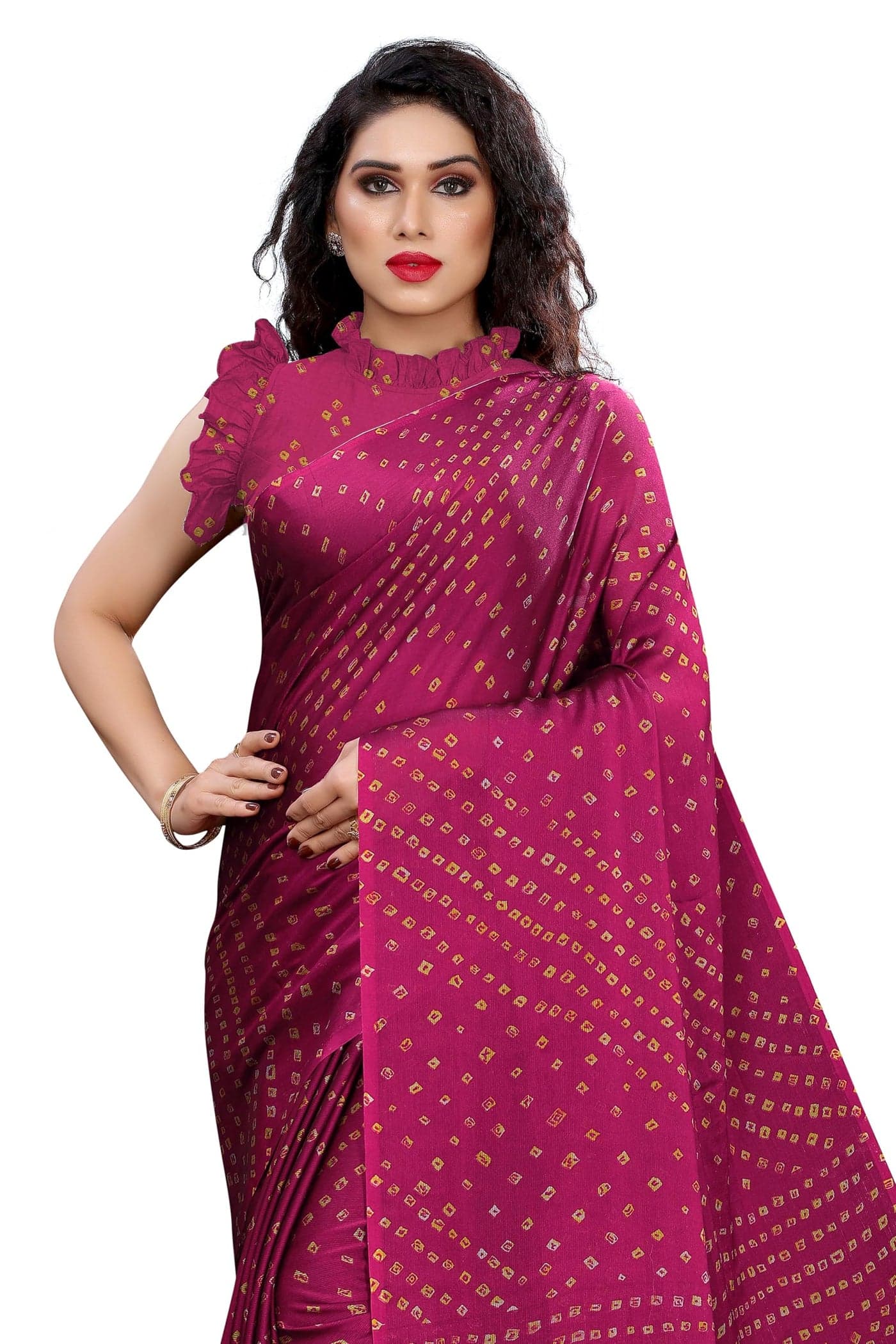 MIRCHI FASHION Chiffon Georgette Bandhani Printed Sarees for Women with Blouse Piece (35907-Pink, Yellow)