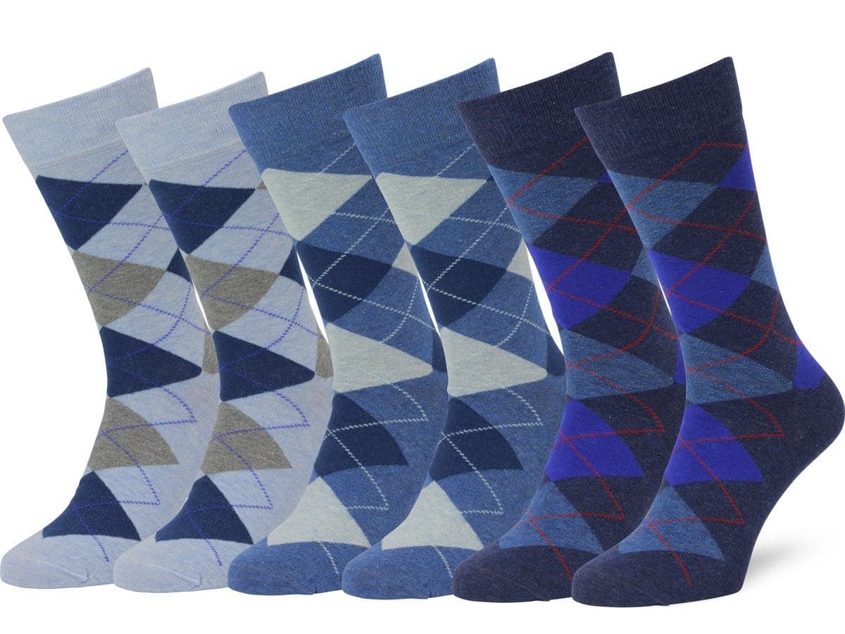 Argyle Socks for Men 6 Pack Cotton, Seamless Toe, Light Blue/Denim/Indigo Melange - 10-13